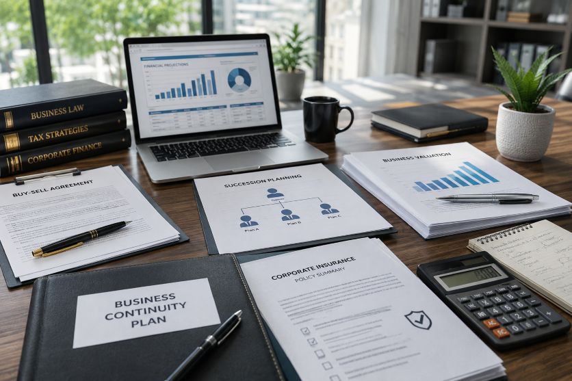 Corporate strategy workspace with business documents